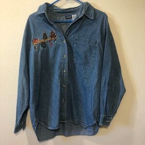 Vintage Honors denim button up with Christmas embroidery medium